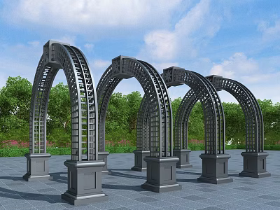 Arched Metal Pergola with Grid Design and Stone Pillars Against Green Trees Blue Sky 3d model