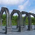 Arched Metal Pergola with Grid Design and Stone Pillars Against Green Trees Blue Sky