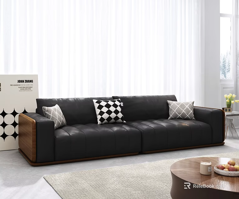 Leather Two-Seater Sofa with Wooden Frame and Throw Pillows in Modern Living Room 3d model 
