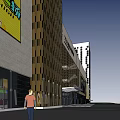 Modern Commercial Complex With Black White Striped Facade Glass Entrance And High Rise Urban Design