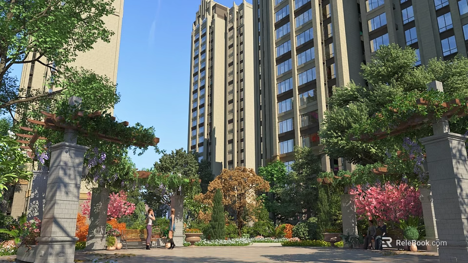Lush Garden Landscape with High Rise Buildings Vine Covered Arches Trees Flowers and People Walking 3d model 