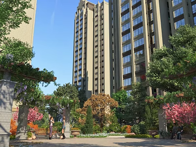 Lush Garden Landscape with High Rise Buildings Vine Covered Arches Trees Flowers and People Walking 3d model