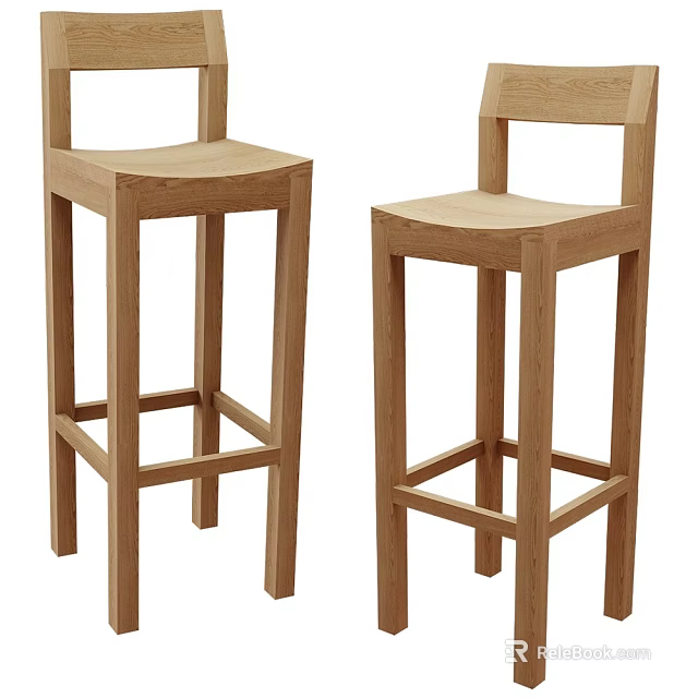 Two Modern Wooden Bar Stools With Simple Backrest And Stable Leg Design 3d model