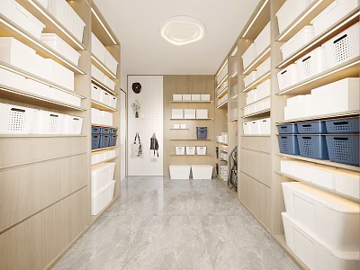 Practical Storage Room With Light Wood Shelves Blue Storage Baskets Gray Floor And Round Light 3d model