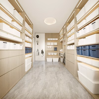 Practical Storage Room With Light Wood Shelves Blue Storage Baskets Gray Floor And Round Light 3d model