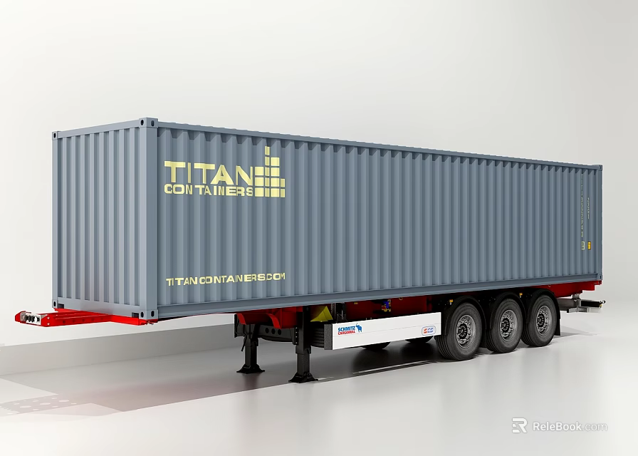 Gray TITAN Container Trailer With Yellow Logo Red White Base And Multiple Wheels 3d model