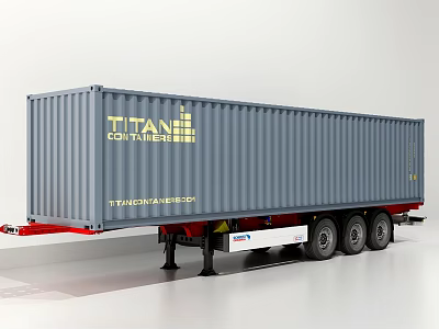 Gray TITAN Container Trailer With Yellow Logo Red White Base And Multiple Wheels 3d model