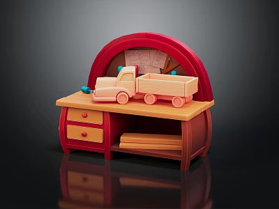 Red Wooden Shoe Cabinet With Arched Top Design Drawers And Lower Shelf For Shoes 3d model