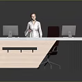 Modern Office Desk With Wooden Top And Metal Legs Featuring Computer Monitors And Office Chair
