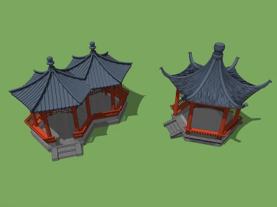 Two Traditional Chinese Pavilions 3D Models with Curved Roofs and Red Bases 3d model