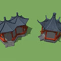 Two Traditional Chinese Pavilions 3D Models with Curved Roofs and Red Bases