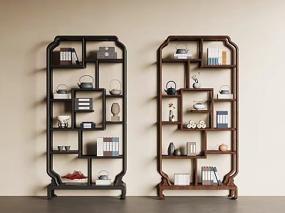 Traditional Chinese Dark Wood Display Shelves With Books Tea Sets And Decorative Items 3d model