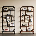 Traditional Chinese Dark Wood Display Shelves With Books Tea Sets And Decorative Items
