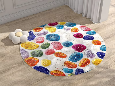 Colorful Patterned Round Area Rug On Wooden Floor With White Background 3d model