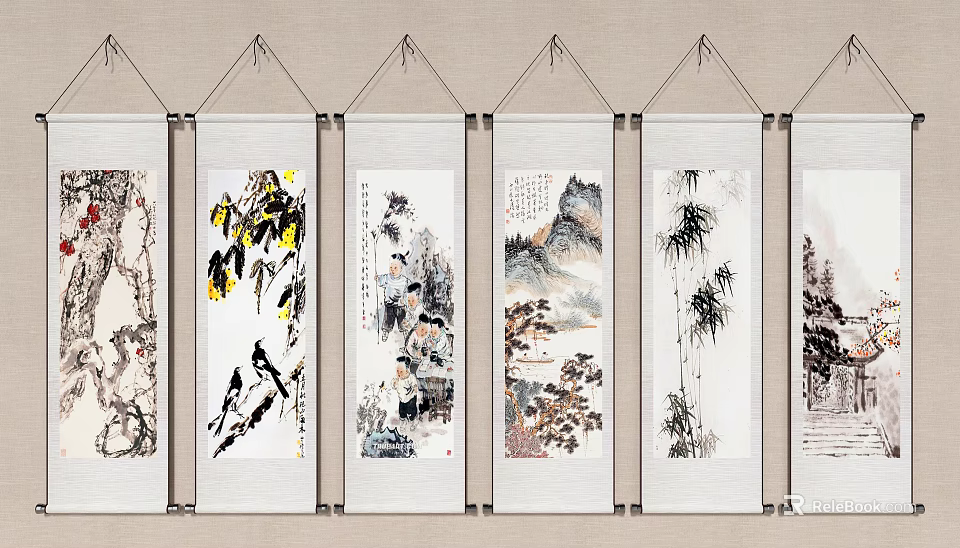 Traditional Chinese Landscape Paintings With Mountain Water Bamboo And Bird Elements As Hanging Scrolls 3d model 