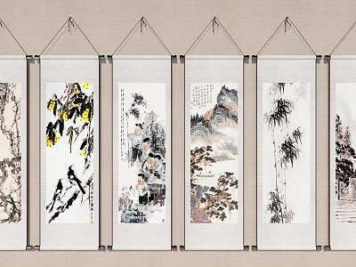 Traditional Chinese Landscape Paintings With Mountain Water Bamboo And Bird Elements As Hanging Scrolls 3d model