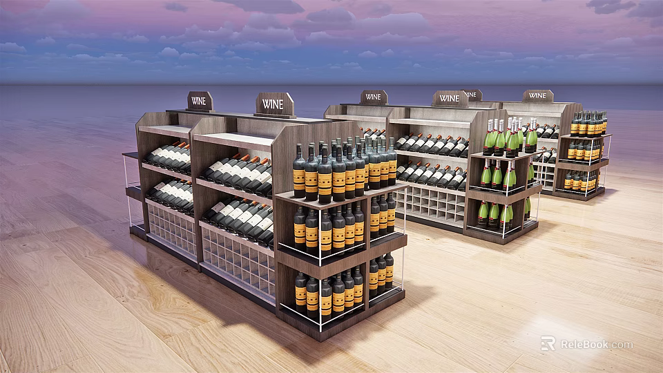 Organized Multi Layer Display Shelves With Bottled Beverages And Beer In Retail Store 3d model 