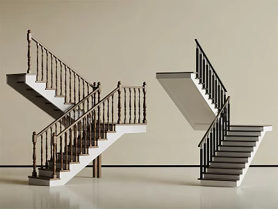 Modern And Classic Staircases With Wooden Black Railings And White Steps Design 3d model