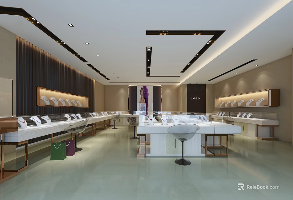 Modern Luxury Jewelry Store Interior With Glass Display Cases And White Counters 3d model 