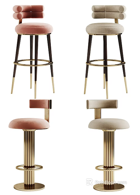 Modern Velvet Bar Stools With Gold Metal Legs And Pink Beige Seats 3d model 