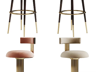 Modern Velvet Bar Stools With Gold Metal Legs And Pink Beige Seats 3d model