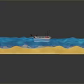 3D Model Scene Of Small Boat Floating On Blue Wavy Water With Yellow Seafloor
