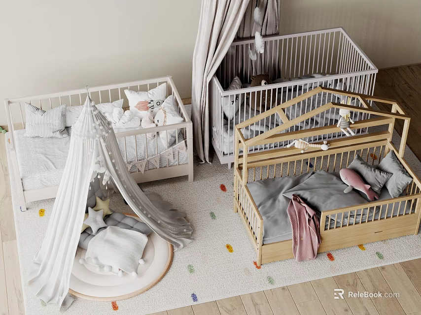 White and Wooden Kids Beds with Canopy Gray Bedding Stuffed Toys and Colorful Dot Rug 3d model 