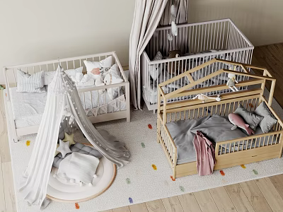 White and Wooden Kids Beds with Canopy Gray Bedding Stuffed Toys and Colorful Dot Rug 3d model