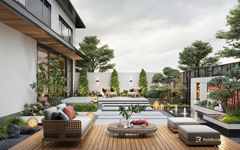 Modern Outdoor Garden With Wooden Deck Sofa Coffee Table And Green Plants 3d model 
