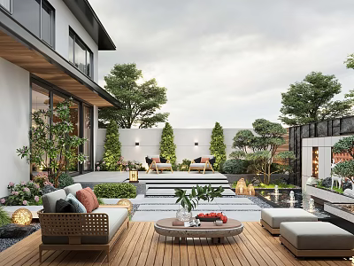 Modern Outdoor Garden With Wooden Deck Sofa Coffee Table And Green Plants 3d model