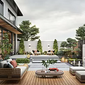 Modern Outdoor Garden With Wooden Deck Sofa Coffee Table And Green Plants