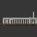 Cartoon Scene Featuring Industrial Style Building White Exterior Dark Roof Multiple Windows and Green Lawn