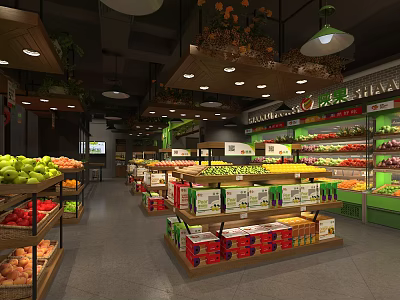 Bright Fruit Supermarket Interior With Fresh Fruits And Packaged Boxes On Shelves 3d model