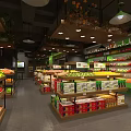 Bright Fruit Supermarket Interior With Fresh Fruits And Packaged Boxes On Shelves