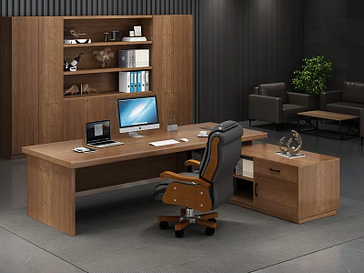 Wooden Office Desk with Computer Monitor Laptop Keyboard Mouse Ergonomic Chair and Bookshelf 3d model