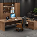 Wooden Office Desk with Computer Monitor Laptop Keyboard Mouse Ergonomic Chair and Bookshelf