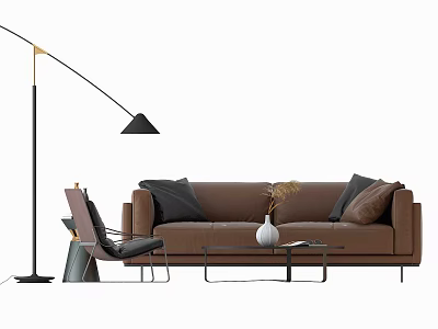 Modern Brown Leather Sofa and Coffee Table Set with Throw Pillows Floor Lamp and Vase 3d model