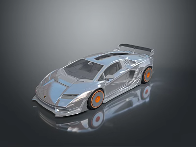 Silver Sleek Sports Car With Orange Wheels And Rear Spoiler Design 3d model