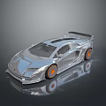 Silver Sleek Sports Car With Orange Wheels And Rear Spoiler Design