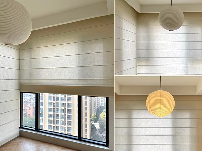 Light Colored Vertical Striped Curtains In Modern Room With Window And Pendant Light 3d model