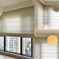 Light Colored Vertical Striped Curtains In Modern Room With Window And Pendant Light