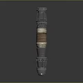 Vertical Metallic Weapon With Brown Wrapped Section And Intricate Mechanical Details