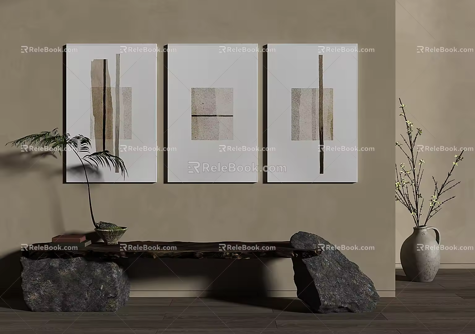 Triptych of Quiet Wind Decorative Painting Combination 3d model