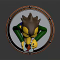 Game Movie Character Wearing Green Shirt And Gray Pants On Orange Base Holding Red Object