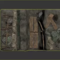 Detailed Terrain Model With Broken Wooden Structures Green Fence And Scattered Stones