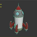Red And White Space Rocket Model With Red Thrusters And Blue Circular Windows