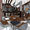 Modern Restaurant Interior With Red Brick Wall Chandeliers Staircase And Comfortable Seating 3d model
