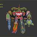 Multicolored Robot Action Figure With Mechanical Arms Spike Weapon And Wing Structure 3d model