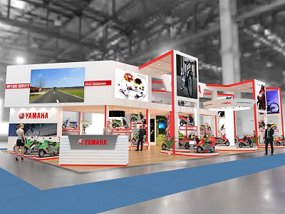 YAMAHA Exhibition Booth Interior Design With Displayed Motorcycles And Large Screens 3d model