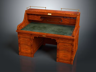 Traditional Wooden Desk With Green Writing Surface Ornate Carvings Metal Accents And Drawers 3d model